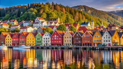 Obraz premium Historic Bryggen Hanseatic wharf in Bergen Norway UNESCO site showcasing vibrant colored wooden houses along picturesque waterfront landscape.