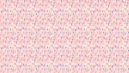 A seamless pattern, grid of small watercolor people in different poses, each person is standing on their own square tile with the same size and shape, soft pink background, minimalist style