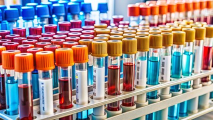 Assorted blood sample tubes labeled for testosterone, estrogen, and progesterone analysis, against a clinical laboratory background, awaiting testing.
