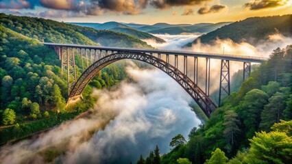Fototapeta premium A dramatic sunset scene of a massive steel arch bridge stretching across a serene river valley landscape.