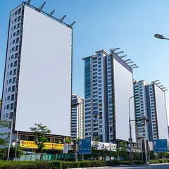 Vertical blank billboards mark the landscape of a new city development with modern residential and office spaces.