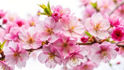 Obraz premium Vibrant bright pink delicate cherry blossoms with subtle texture and intricate details against a clean white isolated studio background.