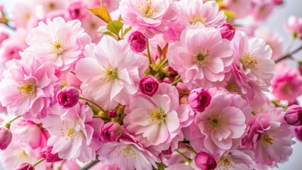 Fototapeta premium Delicate petals of blushing pink cherry tree blossoms clustered together in a lush, vibrant bouquet on a pristine white backdrop.