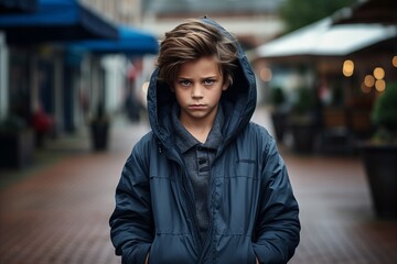 Fototapeta premium Portrait of a young boy in a blue jacket on the street
