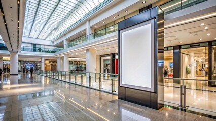 Sleek modern commercial building interior features large blank white screen sign in a spacious shopping mall with sleek architecture.