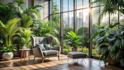 Serene urban oasis features a grey armchair beside a vast panoramic window, surrounded by lush monstera, palm trees, and eco-friendly decor.