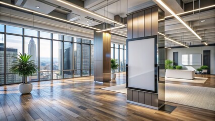 Contemporary urban interior design features sleek floor plan with prominent large blank white screen mounted on wall awaiting digital signage installation.