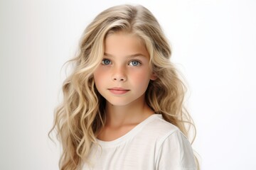Naklejka premium Portrait of a beautiful little girl with long blond hair on a white background
