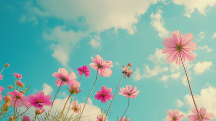 Obraz premium Summer sky with pink fresh cosmos flowers, retro toned