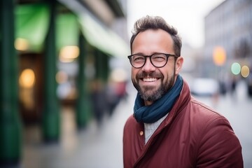 Obraz premium Portrait of a handsome young man wearing glasses and scarf in a city street