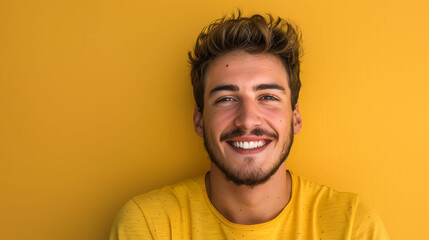 Obraz premium A millennial man in a happy, confident pose, smiling at the camera against a solid yellow background