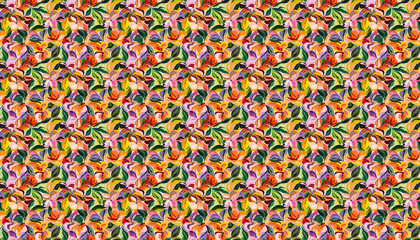 An abstract pattern of flowers with vibrant colors, featuring an oil painting