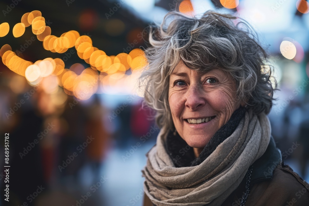 Wall mural Portrait of a happy senior woman in the city street at Christmas time