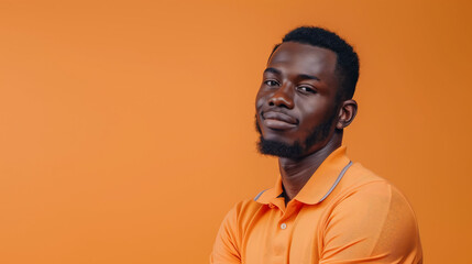 Fototapeta premium A millennial man in a polo shirt, posing confidently with a solid orange background