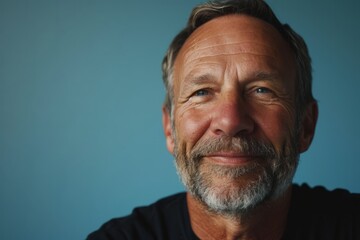 Portrait of a senior man with grey hair and beard against blue background