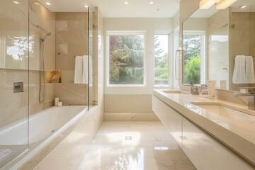 Modern Elegance: Crema Marfil Marble Bathroom - Vanity Top and Wall Cladding, Sleek Fixtures - Perfect for Contemporary Homes