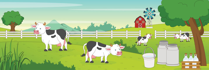 Cute and nice design of Milking cows and interior objects vector design