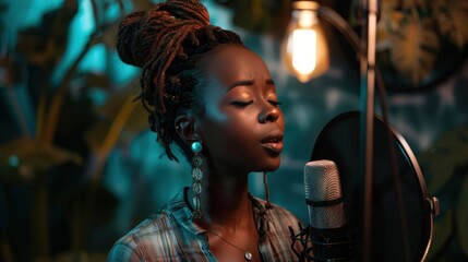 Fototapeta premium A young woman with dreadlocks sings into a microphone in a recording studio