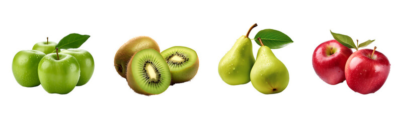 Set of different fruits Apples, kiwi and pear isolated on transparent background