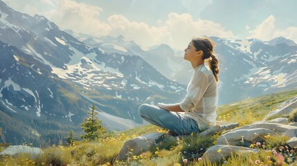 Naklejka premium Delighted young woman resting on the slopes of the mountain while feeling happy. 