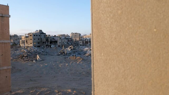 Establishing shot of ruined Palestinian city bombed destroyed buildings
