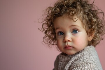 Naklejka premium Portrait of a cute little girl with curly hair on a pink background
