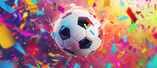 ballon de football en plein vol entouré de confettis colorés dans une ambiance festive et dynamique, idéal pour célébrations et événements sportifs Euro, coupe du monde, champions league