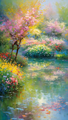 A painting of a river with trees and flowers on either side. The painting is full of bright colors and has a peaceful, calming mood.
