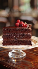 A slice of decadent chocolate cake topped with fresh berries, presented on a cake stand.