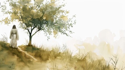 Jesus with the Fig Tree Biblical Illustration, Watercolor Style, Faith and Lessons, Beige Background, copyspace