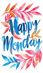 Obraz premium Watercolor paint imitation splash background with Happy Monday text. Modern calligraphy lettering.