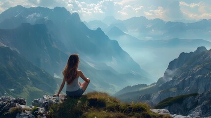 Naklejka premium Delighted young woman resting on the slopes of the mountain while feeling happy. 