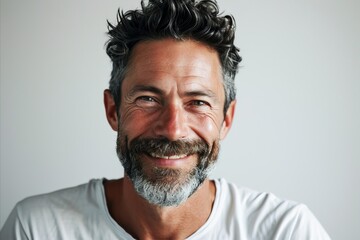 Portrait of handsome middle aged man with beard and mustache smiling at camera