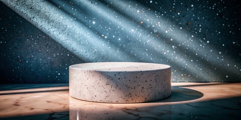 A round stone pedestal with a blue and white background