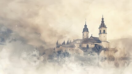 Obraz premium Monastery at Dawn with Mist Biblical Illustration, Christian Mysticism and Tranquility, Beige Background, copyspace