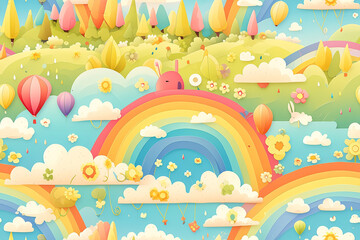 Naklejka premium A whimsical and bright landscape pattern with rainbows, hot air balloons, and pastel-colored trees in a sunny meadow.