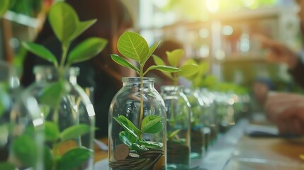 Fototapeta premium Young plants growing in glass containers with bright sunlight. Symbolizing nurture, growth, and sustainability in a natural setting.