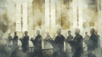 Christian Music and Worship in Biblical Illustration, Church Choir Practicing Hymns, Beige Background, Copyspace