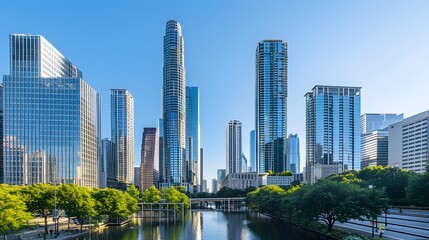 Chicago Skyline with Lush Greenery and Reflective Water