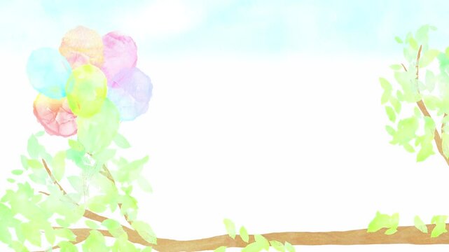 青空と枝に括りつけられたカラフルな風船の束の幸せ感あふれるフレーム。水彩イラストを使用したループアニメーション。