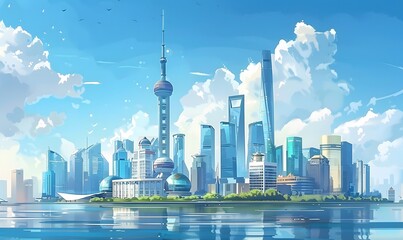 Fototapeta premium Stunning Skyline of a Modern Metropolis with Blue Skies and Clouds