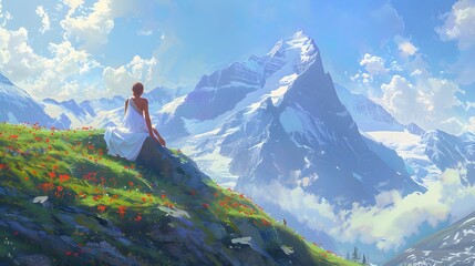 Naklejka premium Delighted young woman resting on the slopes of the mountain while feeling happy. 