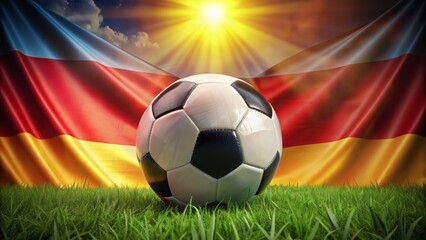 Fototapeta premium Vibrant abstract representation of Germany's national flag with a soccer ball prominently positioned in front, symbolizing UEFA Euro 2024 zeal.