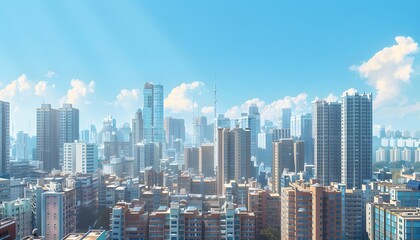Fototapeta premium Cityscape with Blue Sky and White Clouds