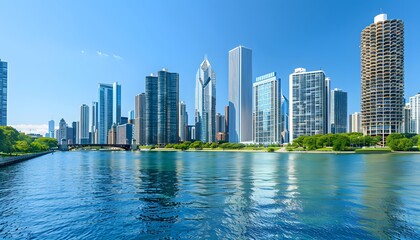Fototapeta premium Chicago Skyline with River and Blue Sky