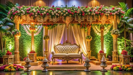 Obraz premium Vibrant colors and intricate decorations adorn an empty Hindu wedding altar, awaiting the arrival of the happy couple.