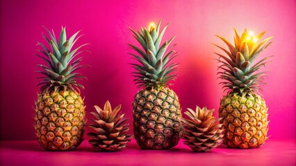 Fototapeta premium Vibrant pink background showcases three perfectly aligned pinecones alongside a bright yellow pineapple, exuding warmth and festive charm naturally.