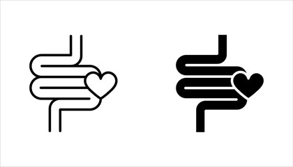 Intestine with heart icon set. Healthy internal organ, digestive tract symbol vector illustration on white background