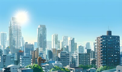 Fototapeta premium Sun-Drenched Urban Skyline with Vibrant Blue Skies