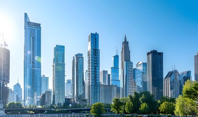 Fototapeta premium Modern Cityscape with Towering Buildings and Blue Sky